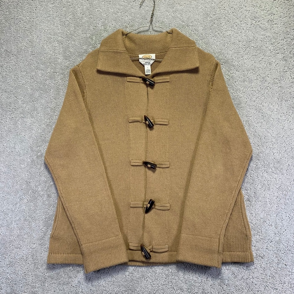 VINTAGE Talbots Cardigan Sweater Womens L Petite Tan Merino Wool Blend Toggle